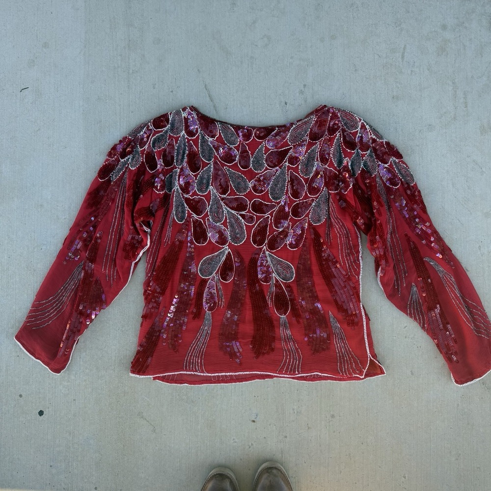 Vintage Art Deco Pure Silk Medium‎ Red Rhinestone Sequin Bling Beaded Iridescent